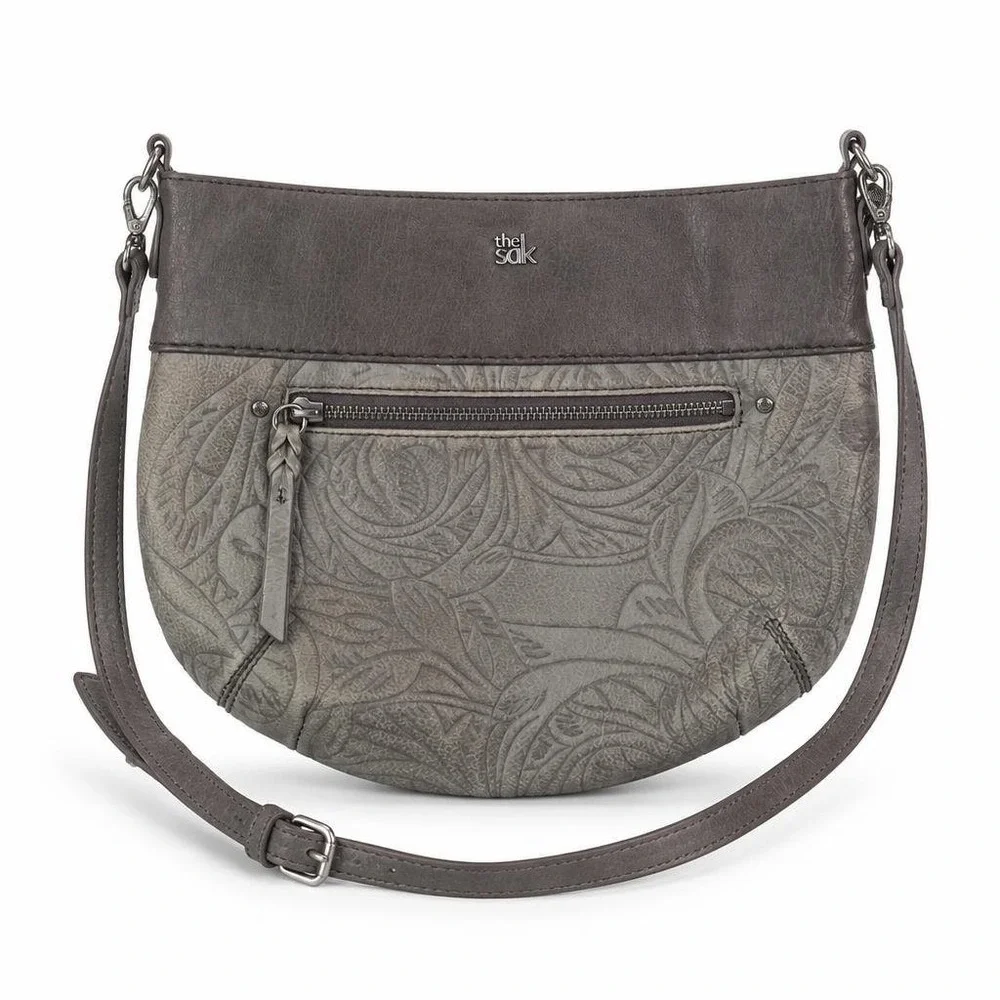 The Sak Oleta Purse Gray Leather Adjustable Strap Handbag Bag Crossbody Floral